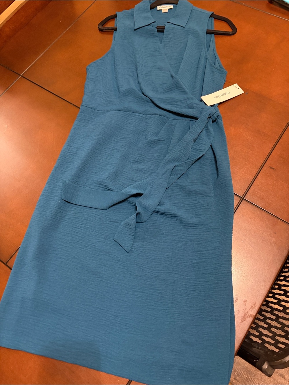 Calvin Klein Teal Sleeveless Wrap-Front Midi Dress